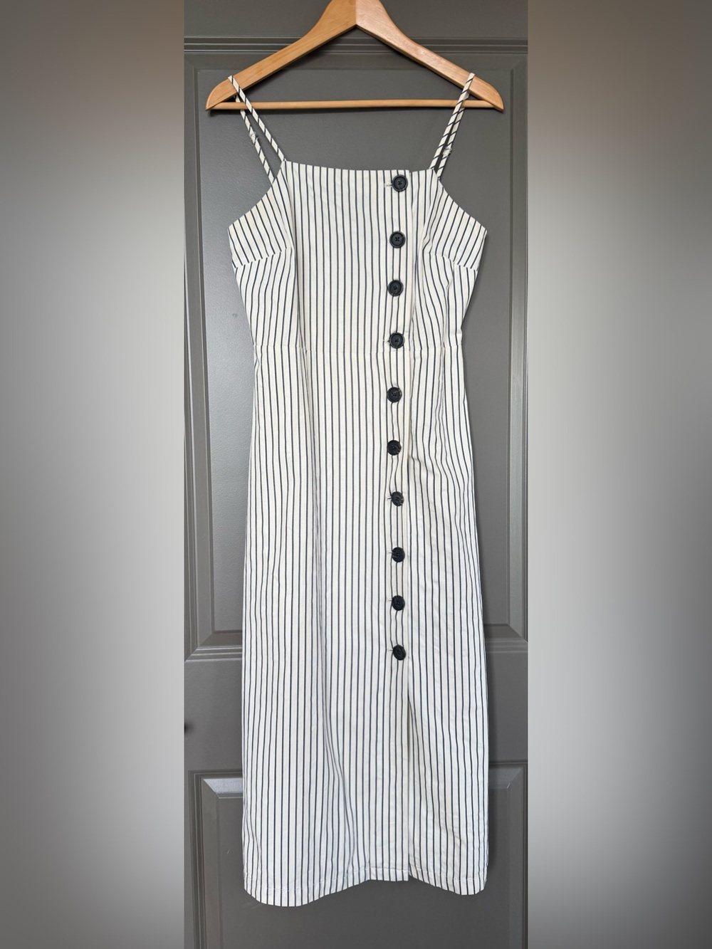 Women’s-Striped Cream and Navy Button-Front Spaghetti Strap Dress